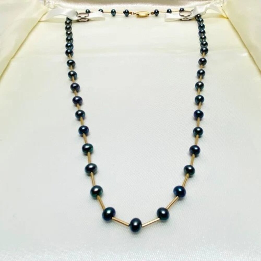 Vintage 14k Gold 5mm Black Pearl Station Necklace 18" Rare 7g Whitehall Jewelers